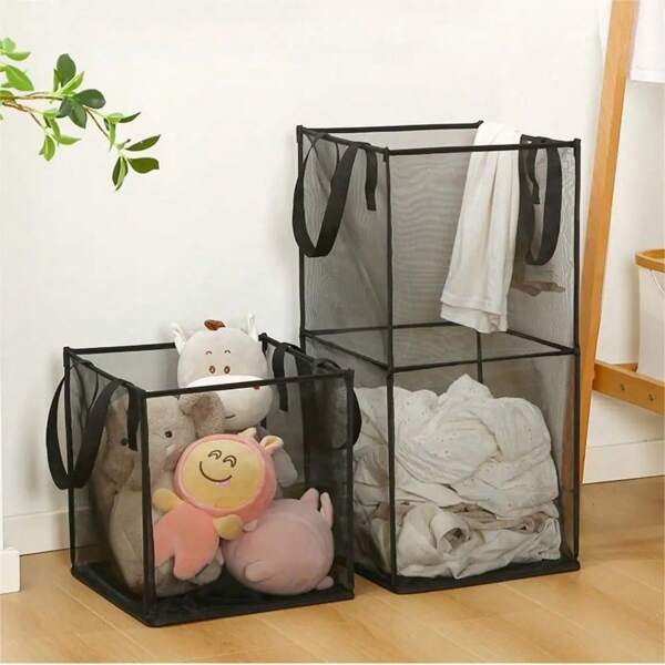inbeaufon Bolsas de lavandería Cesto con asas, portátil y plegable, canasta de malla para ropa sucia, plegable para almacenamiento de lavado, habitación infantil, dormitorio o viaje, negro y gris de 33 cm/13 pulgadas