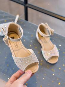 1 Pair Girls Diamond & Sequin Embellished Princess Sandals, Children Soft Bottom Dance Shoes With Ankle Strap Open Toe
