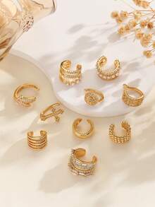 1pc Minimalist Rhinestone Double Layer Ear Clip For Women, Ear Cuff No Piercing Copper Plated Niche Design Fashionable - Yellow Gold - View 11