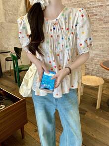 YUXIN Versatile Cute Colorful Polka Dot Ruffle Puff Sleeve Top, Unique Design French Style Short Sleeve Top For Summer - Multicolor - View 7