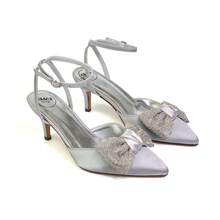 XY LONDON Solene Women's Diamante Bow Pointed Toe Court Shoes, Mid Heel, Stiletto, Ankle Strap, Buckle, Black, Navy, Silver, Ivory, Satin, Bridal Heels, Glamorous, Wedding Style, Autumn, Winter, Spring - Silver - View 3