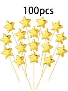 50/100pcs Gold Foil Star Cupcake Toppers, Cute Party Decorations Suitable For Weddings, Birthdays, DIY Desserts, Fruit Food Picks