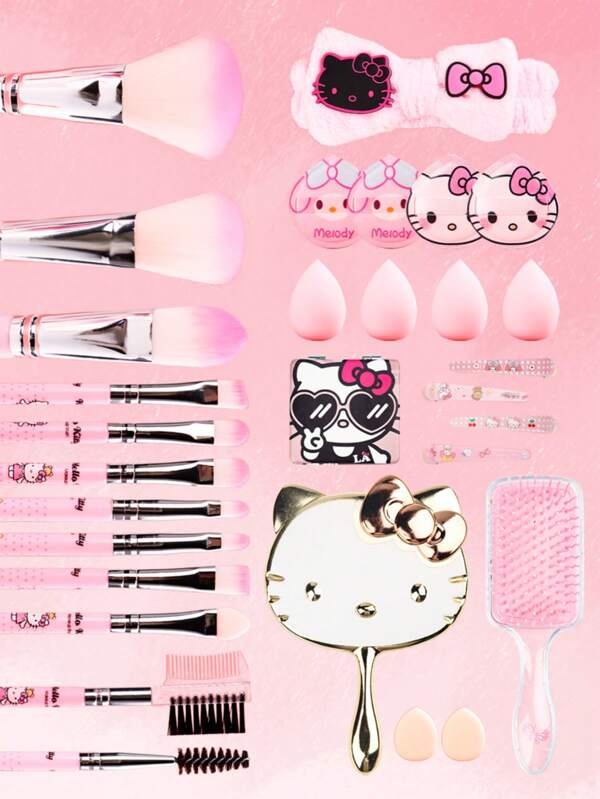 Sanrio 1 Stück/2 Stück/4 Stück/12 Stück Sanrio Hello Kitty Rosa Mädchen Serie Make-up Pinsel Set, KT Puderpuff, klappbarer DoppelwegespiegeI, HandspiegeI, Makeup-Pinsel, Haarbandwäsche, Pony-Clip, Luftpolster-Kamm, geeignet für Strandurlaub, Camping-Trips, Backpacking in Europa, Geschenkideen für Feiertage, kann als Geschenk zum Muttertag und zur Graduierung verwendet werden