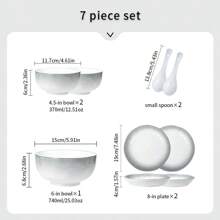 French Style Porcelain Dinnerware Set, Includes Rice Bowl, Dinner Plate, Spoon, Soup Bowl, Chopsticks, 7 Piece Combo Options, Suitable For Serving Rice, Vegetables, Fruit, Salad, Etc. Fits 2-6 People,School Supplies