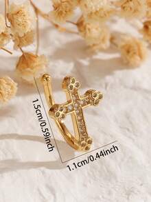 1pc Minimalist Rhinestone Double Layer Ear Clip For Women, Ear Cuff No Piercing Copper Plated Niche Design Fashionable - Yellow Gold - View 3