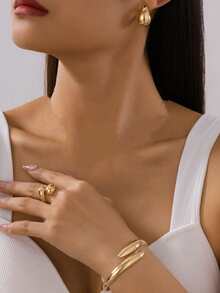 1 Set & Elegant High-End Geometric Shape Alloy Bracelet, Ring & Earring Jewelry Set For Women, Suitable For Parties, Galas And Dates, An Elegant Gift For Girlfriend - Gold - View 5