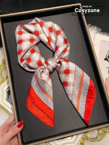 1pc Minimalist Pattern Printed Faux Silk 70cm Small Square Scarf, Women's Bandana, Essential For Spring/Summer, Versatile Hair Tie, Belt, Decor, Accessory - Red and White - View 1