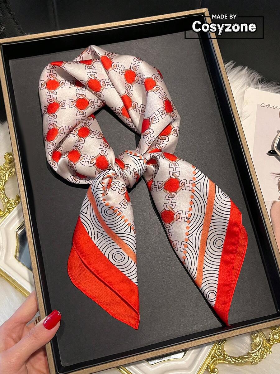 1pc Minimalist Pattern Printed Faux Silk 70cm Small Square Scarf, Women's Bandana, Essential For Spring/Summer, Versatile Hair Tie, Belt, Decor, Accessory - Red and White - View 1
