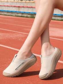 女士运动鞋，新款网眼透气女士超轻减震运动休闲鞋，时尚百搭一脚蹬穆勒鞋，适合室内、室外、夏季，乐福鞋 - 卡其色 - 查看 1