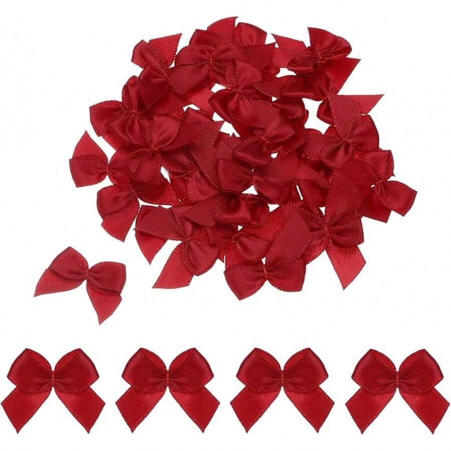 50PCs Mini Ribbon Bow 1 "Mini Fabric Satin Ribbon Flower Bows For Craft DIY Sewing Wedding Birthday Party Red - Burgundy - View 1