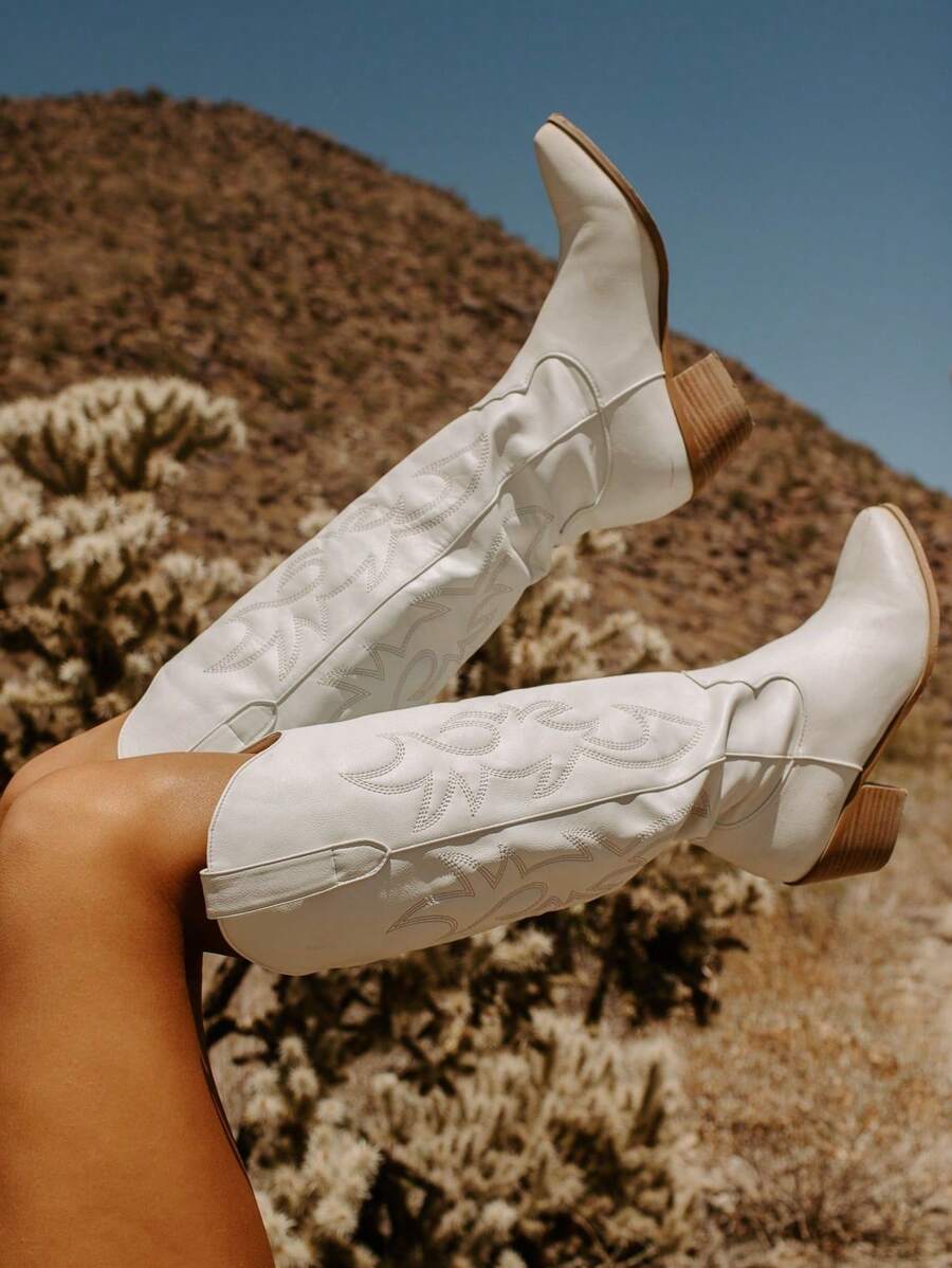Botas vaqueras para mujer, botas vaqueras hasta la rodilla, bordadas, tacones gruesos, punta puntiaguda, botas vaqueras altas y largas, sin cordones