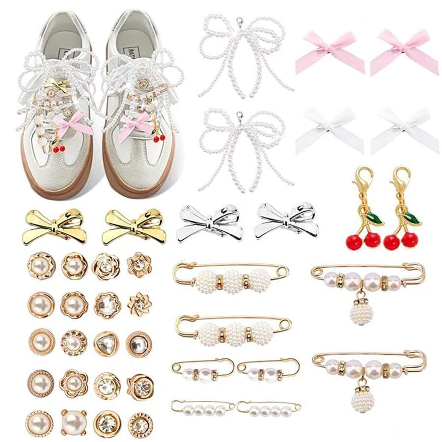 40 pezzi Accessori per scarpe, includeono spille, fermagli, fiocchi, gioielli, perle, decorazioni di moda per vestiti, borse, sneaker, calze, cappelli