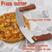 1pc Wooden Handle Pizza Cutter, Double-Handed Cake Slicer Tool, Household Baking Supplies, Kitchen Curved Knife