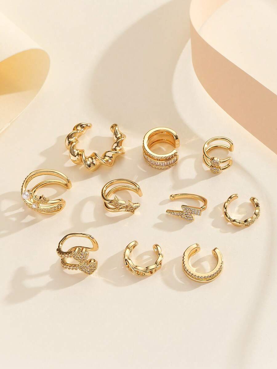 1pc Minimalist Fashion Rhinestone Double Layer Ear Cuff Clip-On Earring, Copper Plated , Unisex Design - Yellow Gold - View 1