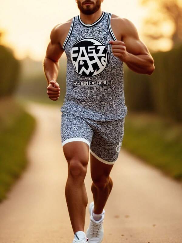 Conjunto de 2 piezas para hombres: Chaleco con estampado de letras y números + Pantalones cortos deportivos