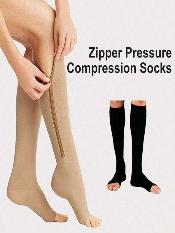 1pair Black Casual Compression Socks With Side Stripes And Zipper Sports Open Toe Footless Fitness And Body Shaping