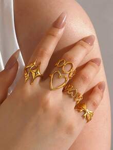 5 Pcs/Set Stainless Steel Fashion Star & Heart Shaped Rings, Suitable For Women Daily Wear - Multicolor - View 6