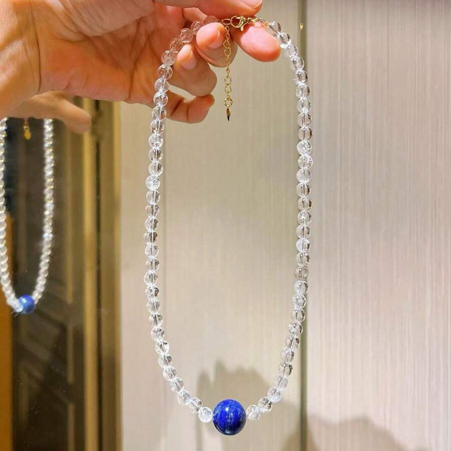 Collar gargantilla diseño de cuentas de cristal blanco natural de 6mm y cuentas de lapislázuli natural de 12mm, elegante y lujoso collar de uso diario para mujeres, adecuado como regalo para el Día de San Valentín, Día de la Madre, Graduación
