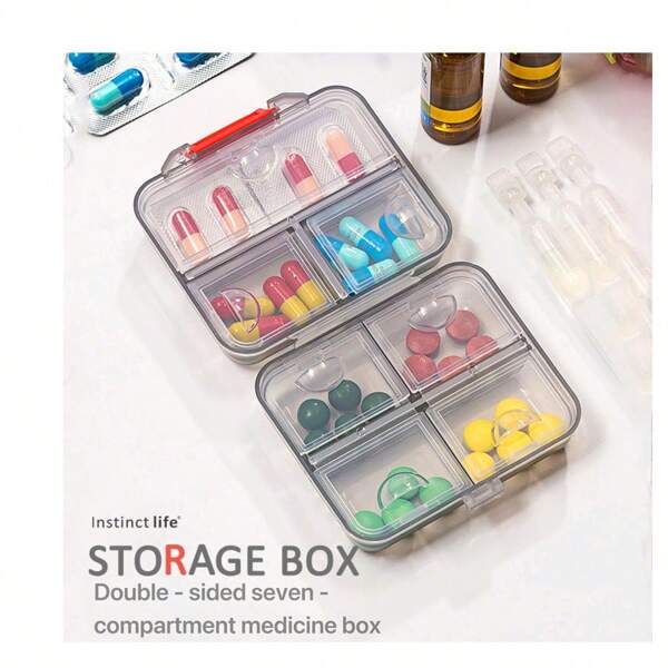 Caja de medicina portátil para viajes con siete compartimentos para una semana, una caja divisora de medicina personal de tamaño mini. Es una caja sellada y sub-empacada para almacenar pastillas que es fácil de transportar.