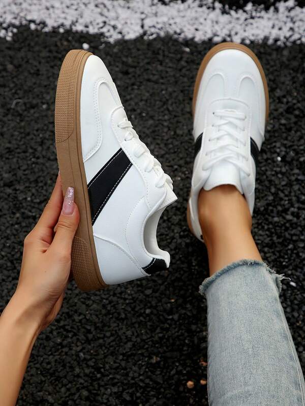 Women's New Lace-Up Patchwork Element Trainers, Modern Fashionable Elegant Outdoor Street Campus Versatile Casual Sports Shoes
