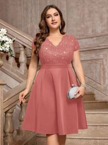 Vestito da cocktail elegante, a scollo a V, con contrasto di paillettes, decorazione floreale in pizzo, a ruota, adatto per feste di promo, feste di laurea, compleanni, e cerimonie
