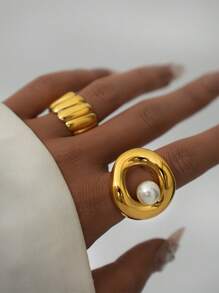 Frminee 1 pieza Anillo de acero inoxidable chapado en oro de 18K con perla, diseño de lujo elegante y vintage para uso diario, fiestas, bodas, regalo para el día de la madre