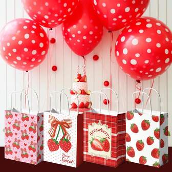 Juego de 6 bolsas de regalo reutilizables con diseño de fresa y asas, tamaño mediano (21,8 x 15,2 x 7,1 cm) para fiestas, cumpleaños, vacaciones, día de San Valentín, día de la madre, graduaciones