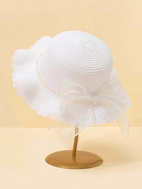 1pc Girls' White Straw Hat With Pearl, Mesh And Bow Decoration, Suitable For Daily Life, Outdoor Holiday, Beach, Children's Festival Gifts, Wedding Season, Parent-Child Matching