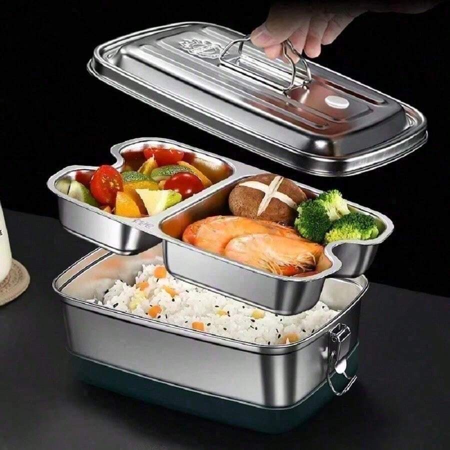 Lunch Box, Stainless Steel Double Layer Large Capacity Bento Lunch Box, Metal Lunch Container For Men Women, Suitable For School Office - Silver - View 1
