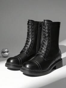 DREAM PAIRS Women's Mid-Calf Boots Fashion Motorcycle Boots Square Toe Lace-Up Riding Black Boots - 黑色 - 查看 5