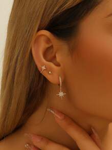 2Pcs/3Pcs Copper Alloy Stud Earrings Set With 8-Pointed Star Zirconia Stone Design, Suitable For Women Daily Use, Gifts, Parties