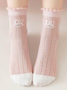 5 Pairs Girls Pink Plaid Bunny Lace Breathable Mid-Calf Socks, Fresh Cute Fashion, Skin-Friendly Soft Casual Versatile, Suitable For Daily Wear, Holidays Gift, Matching Princess Shoes