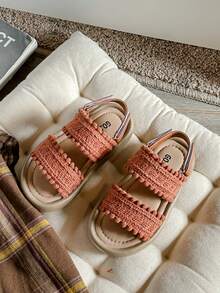 1 Paar Niedliche gewebte Material Weichsohlen Sandalen für kleine Mädchen, bequeme Innen-/Außen Strandschuhe