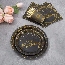 10 Stücke/20 Stücke/Set, glücklicher Geburtstag Einweg-Geschirr Set Partyzubehör, schwarze und goldene Pappteller für 10 Gäste für Geburtstagsdekoration