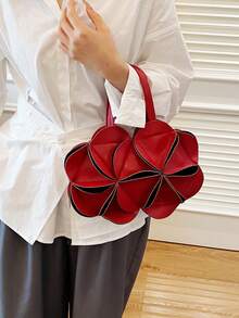 1pc Fashion Pleated Dual-Sided Floral Red Tote Bag, Niche Design PU Shoulder Handbag, Suitable As Mother's Day Gift