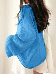 休闲钩针圆领长袖套头衫，简约时尚，适合夏季 - 寶藍色 - 查看 4