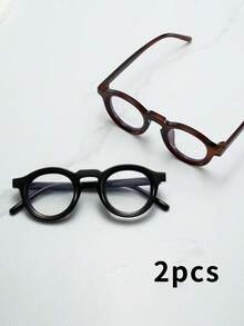 1 副男女通用圆形小框高品质简约时尚透明镜片眼镜，适合日常佩戴、聚会和休闲使用 - 2件組合裝(黑平光鏡十茶平光鏡) - 查看 2