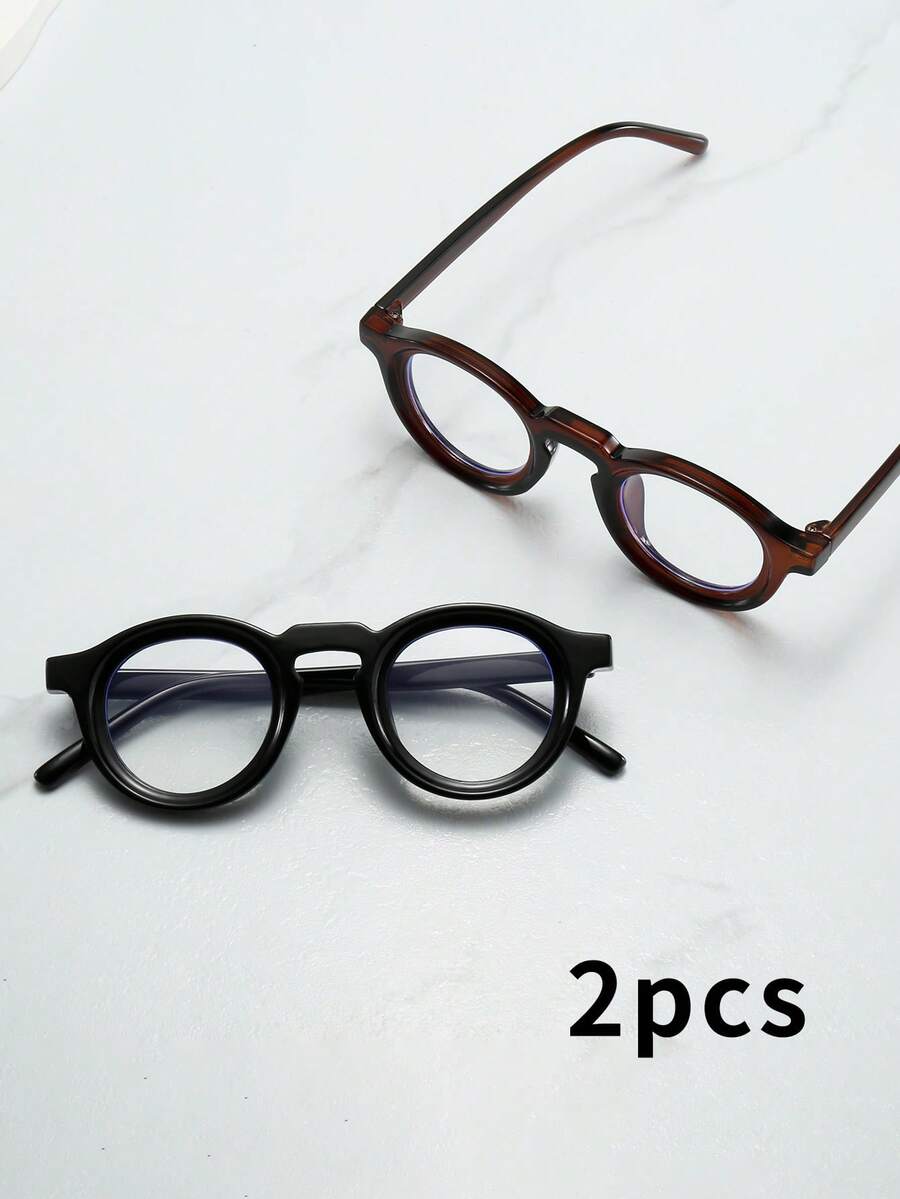 1 chiếc kính mát Unisex gọng tròn nhỏ thời trang tối giản chất lượng cao, tròng kính trong suốt, thích hợp để đeo hàng ngày, tụ tập và giải trí - Bộ 2 sản phẩm (gương phẳng màu đen + gương phẳng màu nâu) - Xem 1
