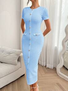 Ladies' Summer Date, Music Festival Atmosphere, Commuting Short Sleeved Dress - Màu xanh lam - Xem 10