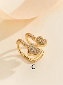 1pc Minimalist Fashion Rhinestone Double Layer Ear Cuff Clip-On Earring, Copper Plated , Unisex Design - Yellow Gold - View 5