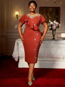 女士派对仿珍珠连衣裙网眼拼布不对称褶边串珠大码女式晚会生日婚礼宾客