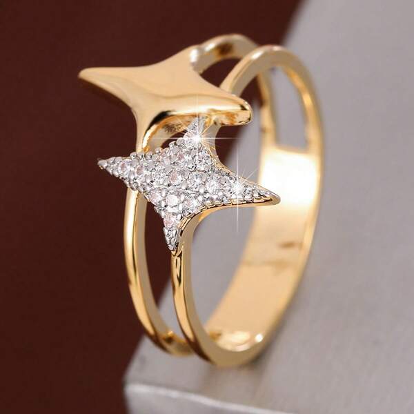 خاتم نسائي من الزركونيا المكعبة ذو تصميم نجمة بسيط، قطعة واحدة