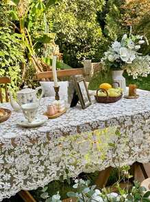 1pc Elegant Large Floral Tablecloth, French Vintage Lace Rectangular Table Cover, Retro Baroque Style For Coffee/Dining Table, Dust Cover