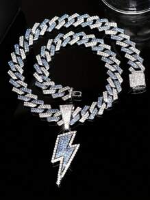 1 pieza Collar con colgante de hombre con relámpago de cristal de hielo - Cadena cubana brillante, estilo Hip-Hop Rapper