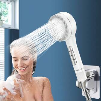 3件套全新优质ABS材质，4种喷头，配备硅胶按摩刷，1.5米不锈钢软管，ABS无孔壁挂支架浴室配件浴室收纳架