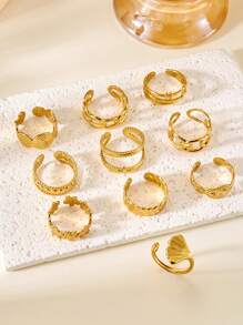 10er Set Edelstahl Ringe mit 18K Vergoldung, überspitzt, Hip-Hop Mode, rundes Design, verstellbar