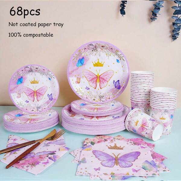 68 pezzi/set Decorazioni per festa di compleanno a tema farfalla, set di vassoi di carta monouso, articoli per feste, articoli per la tavola, festa di compleanno, feste, picnic e campeggio, feste di vacanza, tema farfalla, decorazioni per ristoranti, mamma, decorazioni per la cucina