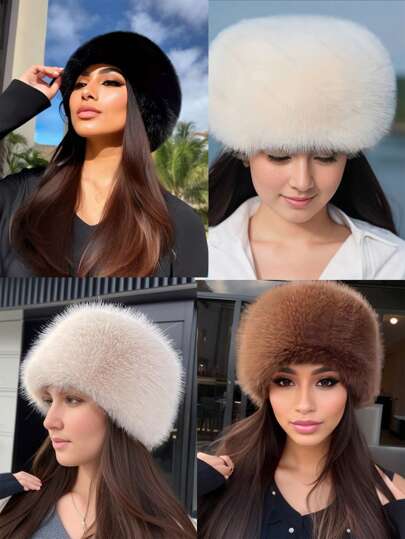 Artificial Fur Flat Top Winter Hat, Spliced Faux Fur Trapper Hat For Autumn And Winter Winter Outfits