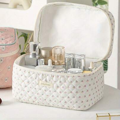 3-Piece Cotton Quilted Cosmetic Bag Set, Multifunctional Storage Bag For Home, Holiday Travel Toiletry Bag, Simple Luggage Gift Bag