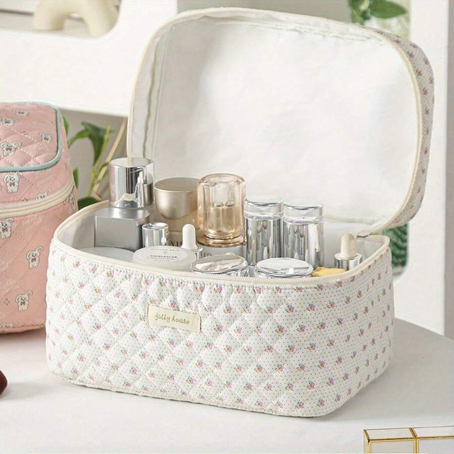 3-Piece Cotton Quilted Cosmetic Bag Set, Multifunctional Storage Bag For Home, Holiday Travel Toiletry Bag, Simple Luggage Gift Bag